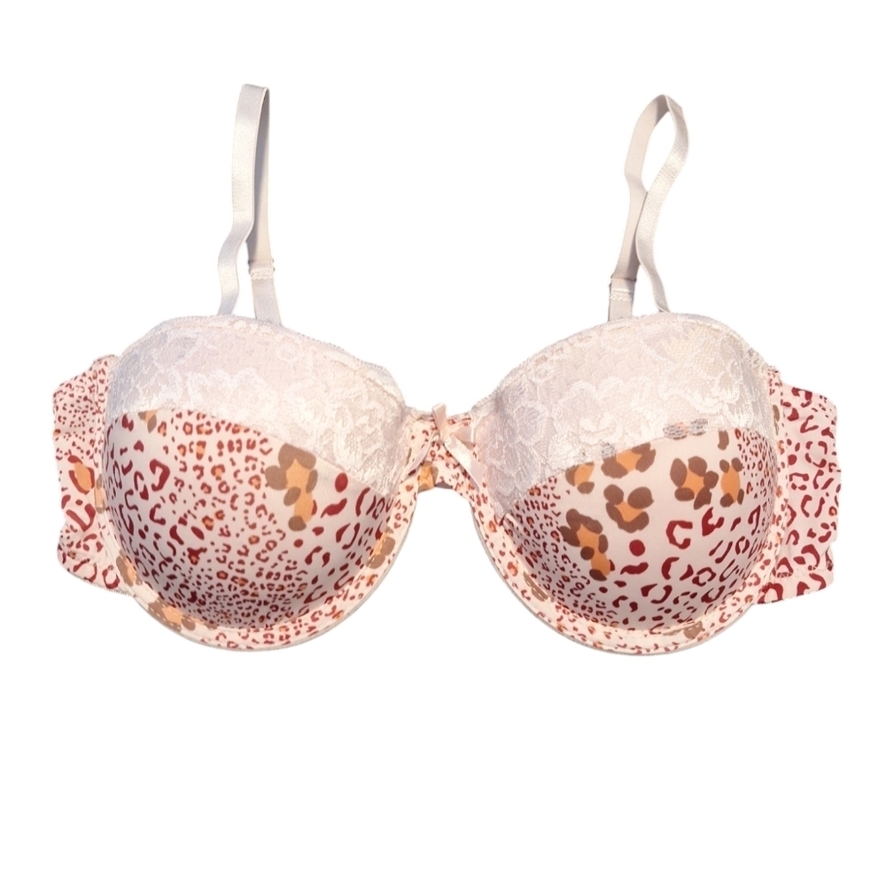 Woman's pink leopard lace push up bra. Under wire padded bra. S. 36C